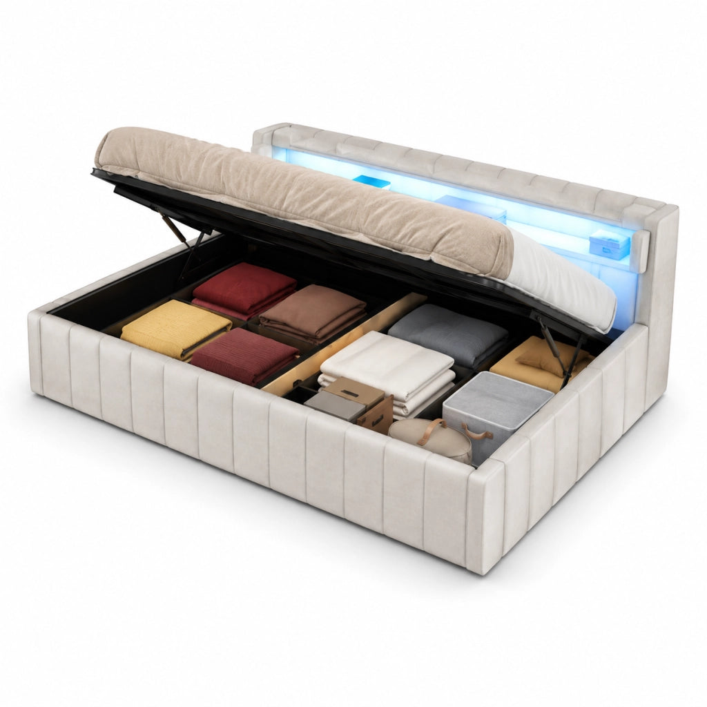 Letto imbottito 90x200 cm con contenitore idraulico e LED in flanella bianco sporco