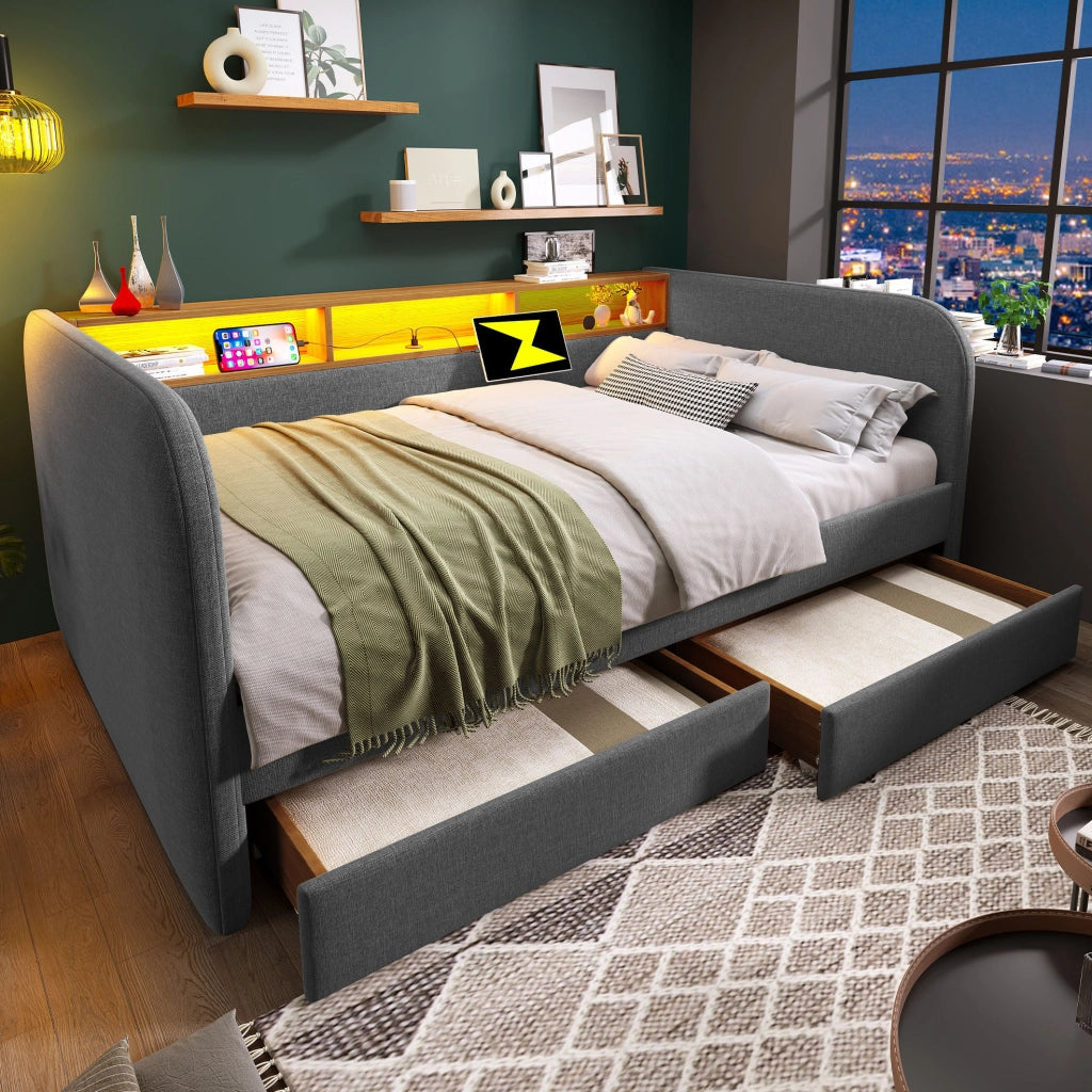 Letto imbottito 140x190 cm con LED; USB C; 2 cassetti e testiera contenitore; lino grigio