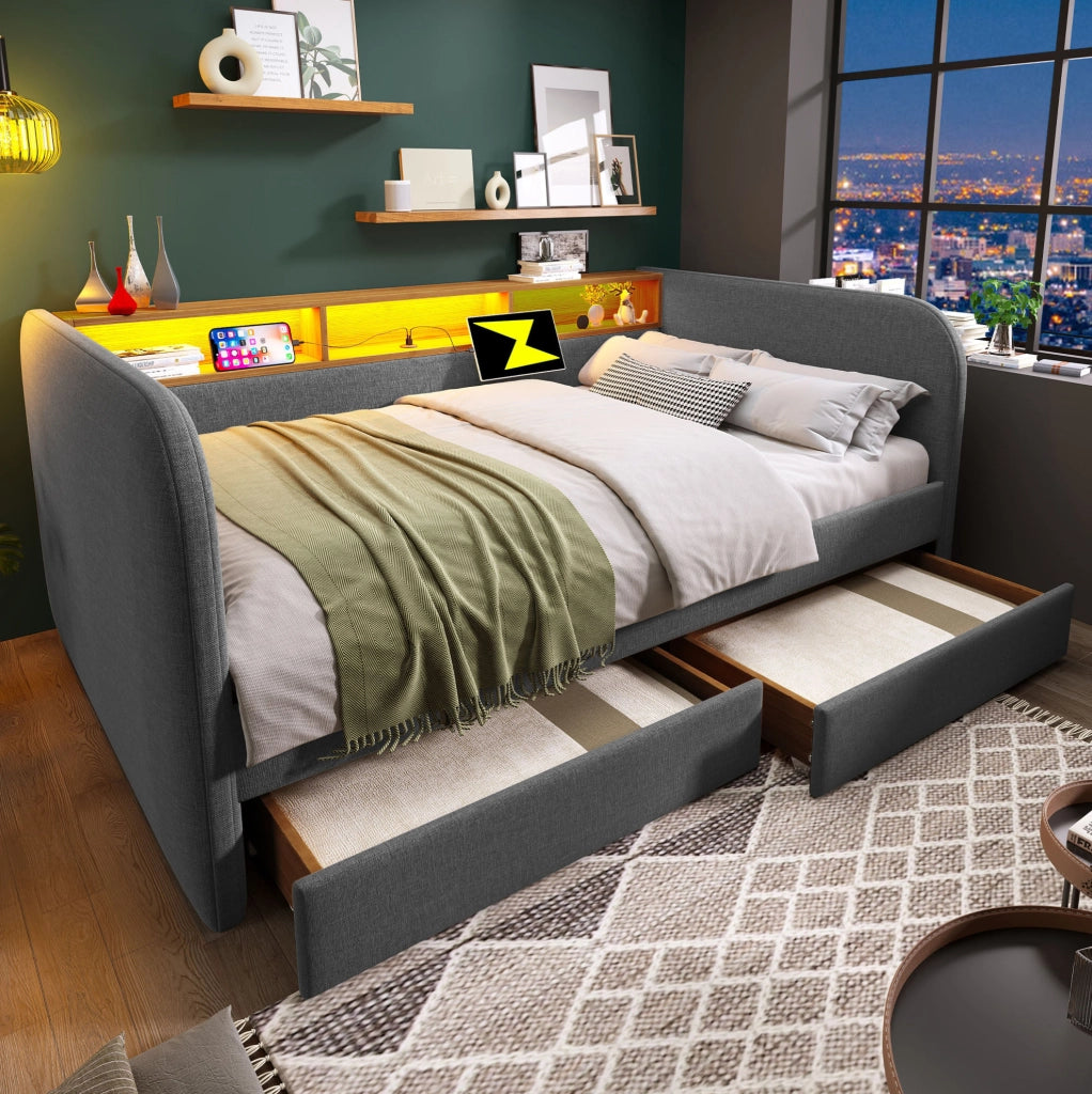Letto imbottito 140x190 cm con LED; USB C; 2 cassetti e testiera contenitore; lino grigio