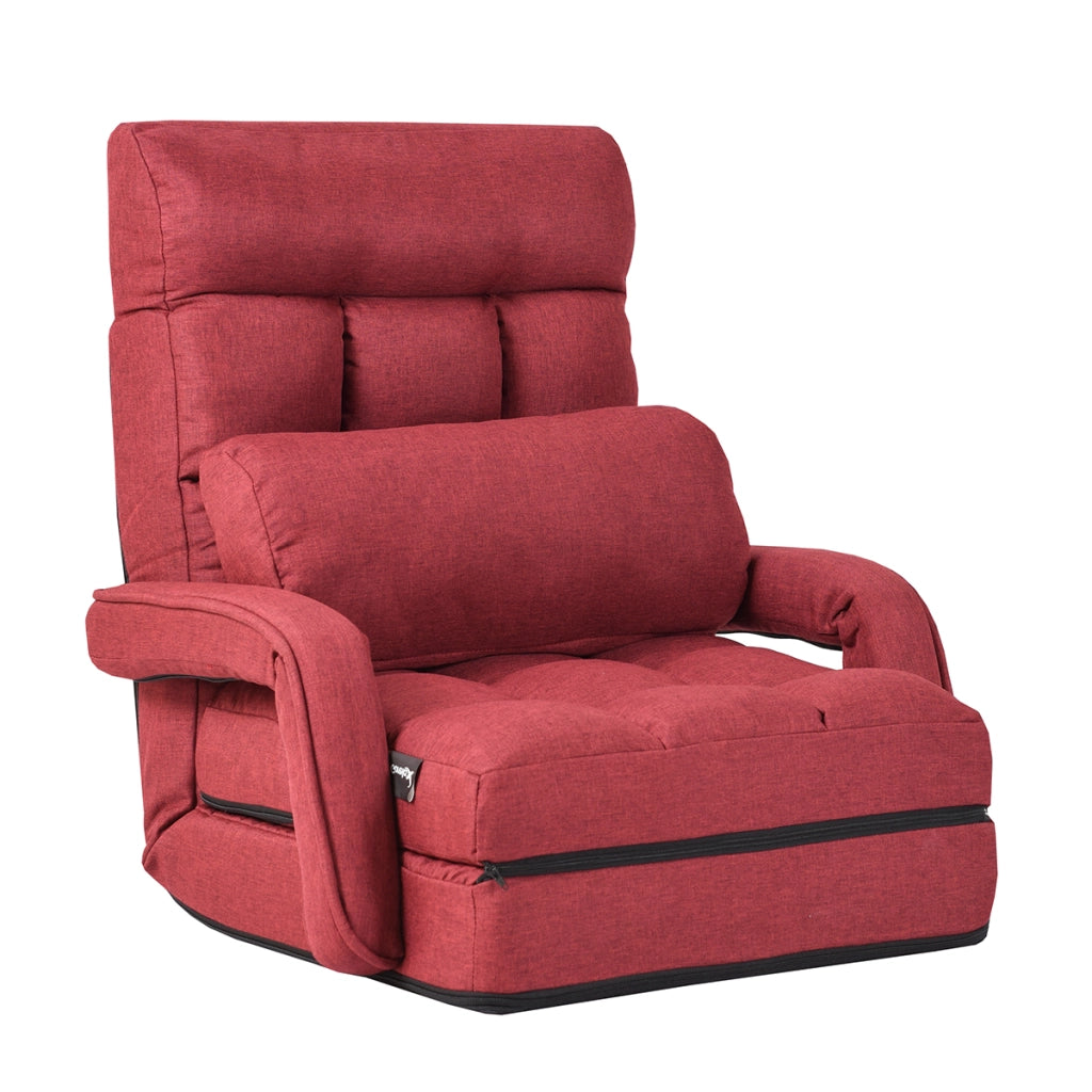 Divano letto in tessuto regolabile in 5 livelli con braccioli e cuscino pieghevole da terra, 173x67x12cm Rosso-Divani letto