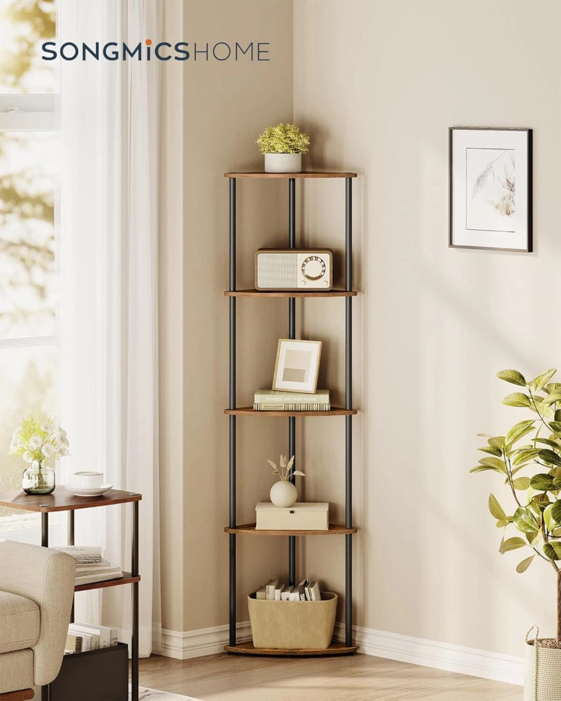 SONGMICS HOME Montaggio Super Veloce Senza Attrezzi, Scaffale Angolare a 5 Ripiani, Scaffale Autoportante, 38,3 x 27 x 139 cm, per Soggiorno, Camera da Letto, Cucina, Marrone Vintage LBC610K01