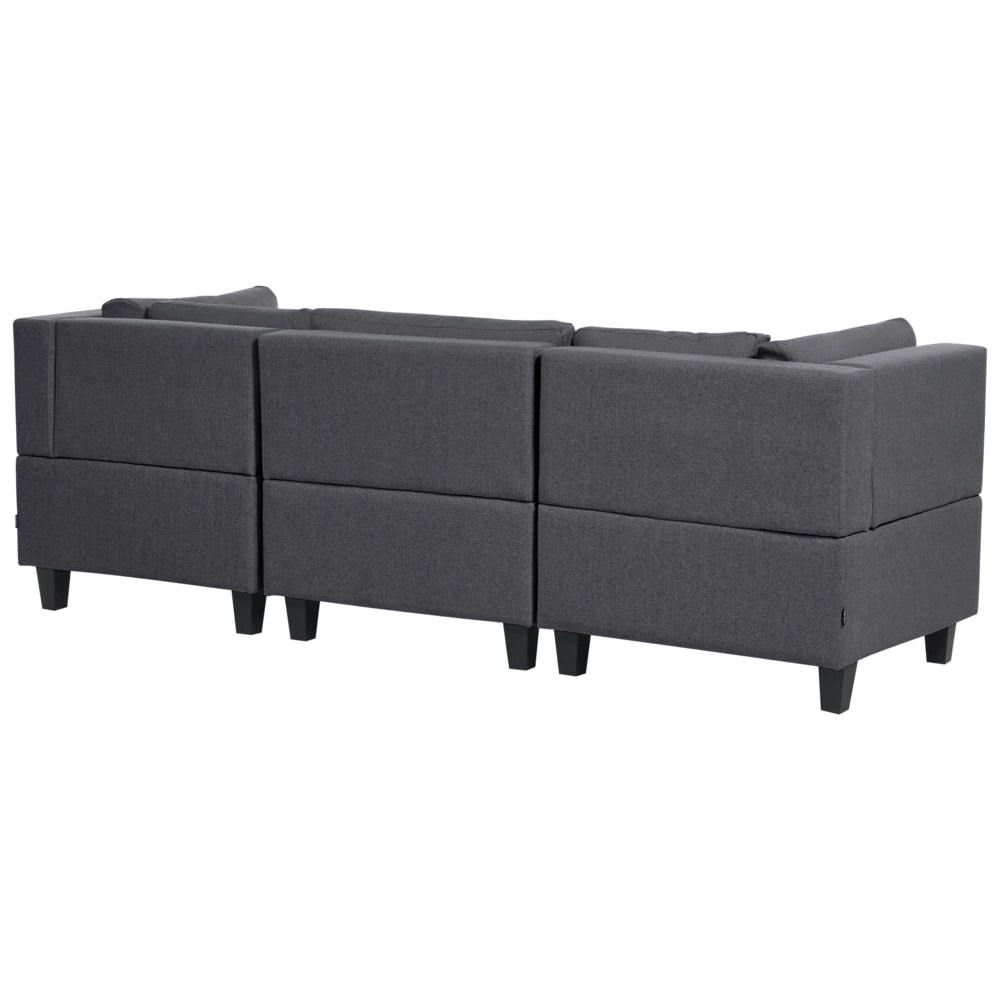 Divano componibile a 4 posti imbottito in tessuto grigio scuro gambe nere lato sinistro con ottomana stile moderno