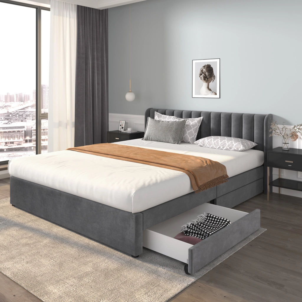 OKWISH Letto con Cassetti 180×200 cm, Letto Matrimoniale con 2 Cassetti e Testiera Alta, senza Materasso, in Velluto, Grigio
