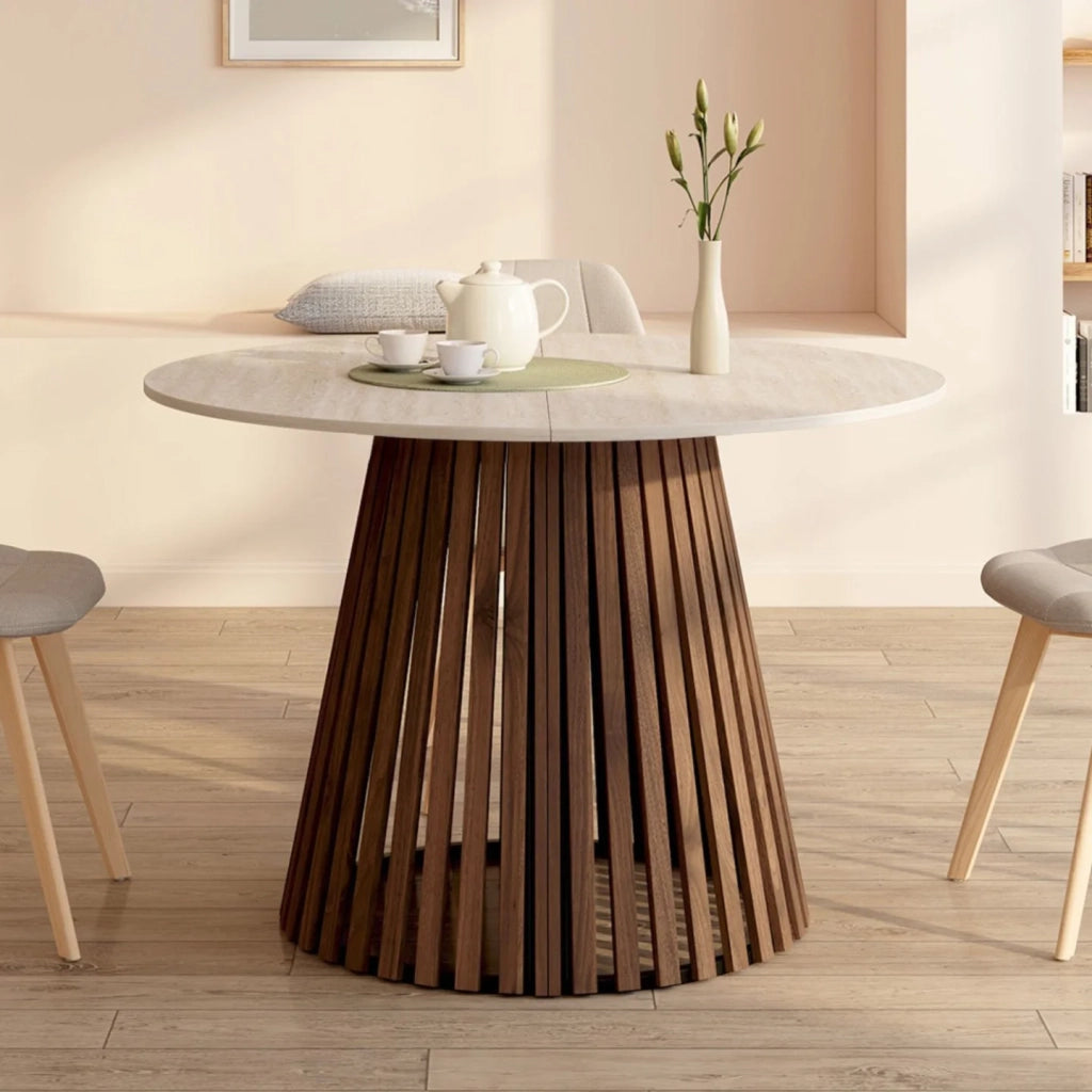 IDMarket - CARMEN tavolo da pranzo rotondo allungabile 4-10 persone con gambe a doghe in noce e piano effetto travertino 110-200 cm