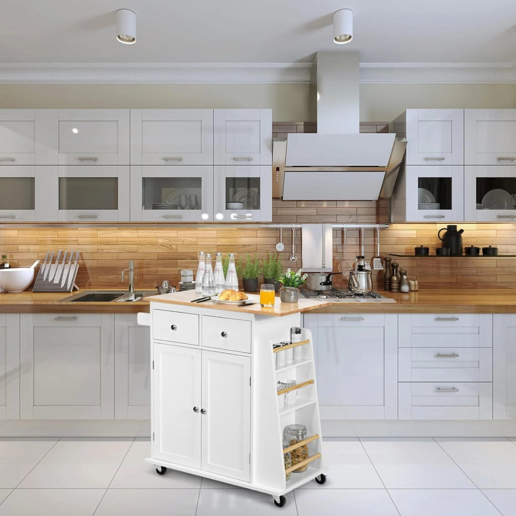 Carrello da Cucina Con Piano di Lavoro, 80 x 45 cm, Isola Su Ruote, Armadio Con Cassetti, Portaspezie, Trolley in Legno Massiccio per Sala da Pranzo