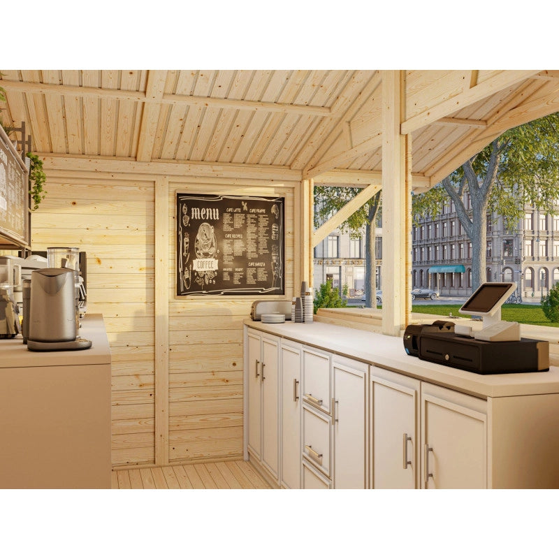 Chiosco in legno da giardino 273x190 cm abete 16 mm con 2 sportelli vendita a ribalta, struttura prefabbricata per mercatini - Esterni da Vivere