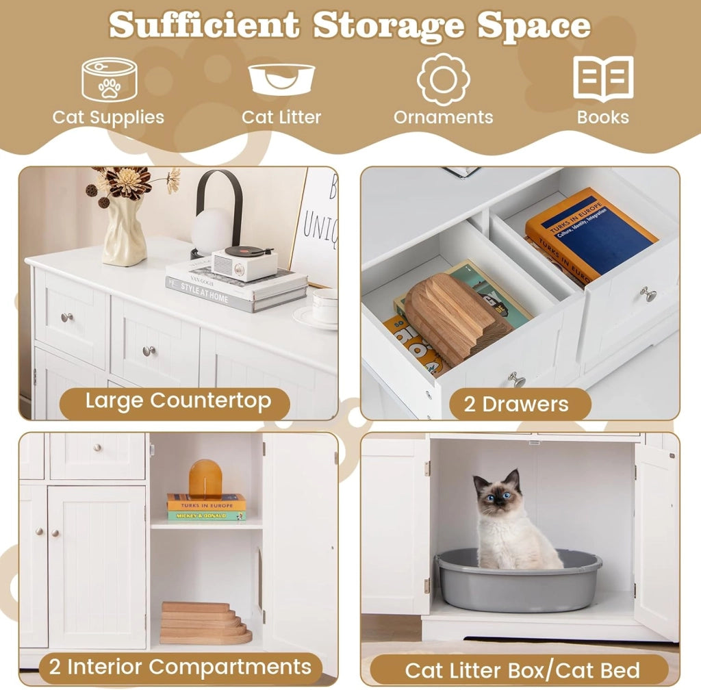 Maison de Toilette Chat, Mobile per Lettiera per Gatti con 2 Cassetti, 3 Ante e Ingresso Laterale e Dispositivo Anti-Rovesciamento, per Interni, 100 X 45 X 80 CM, Bianco