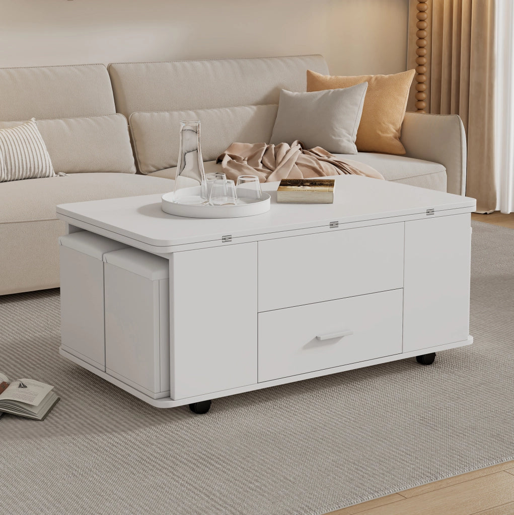 Tavolino da caffè sollevabile 100x50x45 cm bianco, 4 sgabelli, contenitore