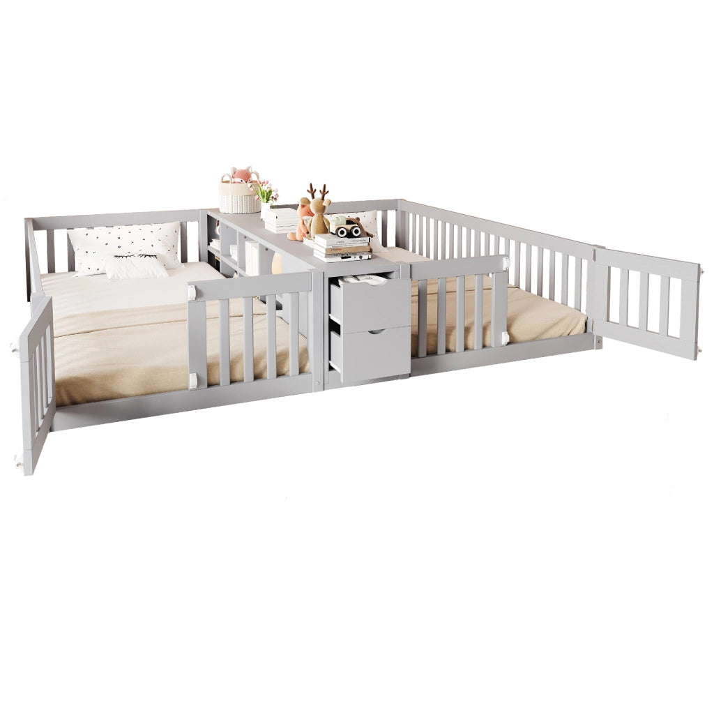 Letto doppio per bambini 90x200 cm con cassetti e ripiani in pino, compensato e MDF grigio