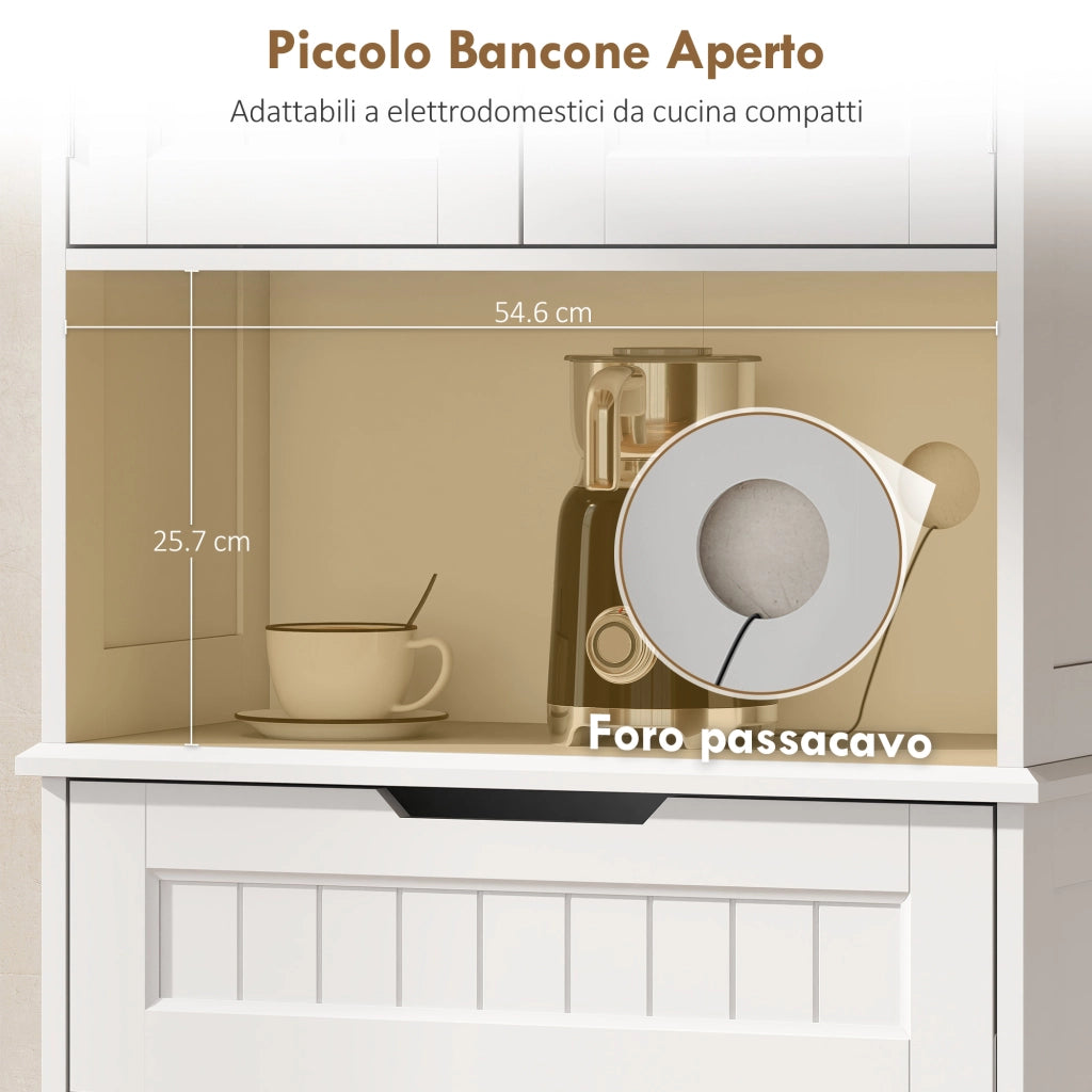 Credenza Cucina con 2 Armadietti e Cassetto, Piano Centrale Aperto e Ripiani Regolabili, Bianco