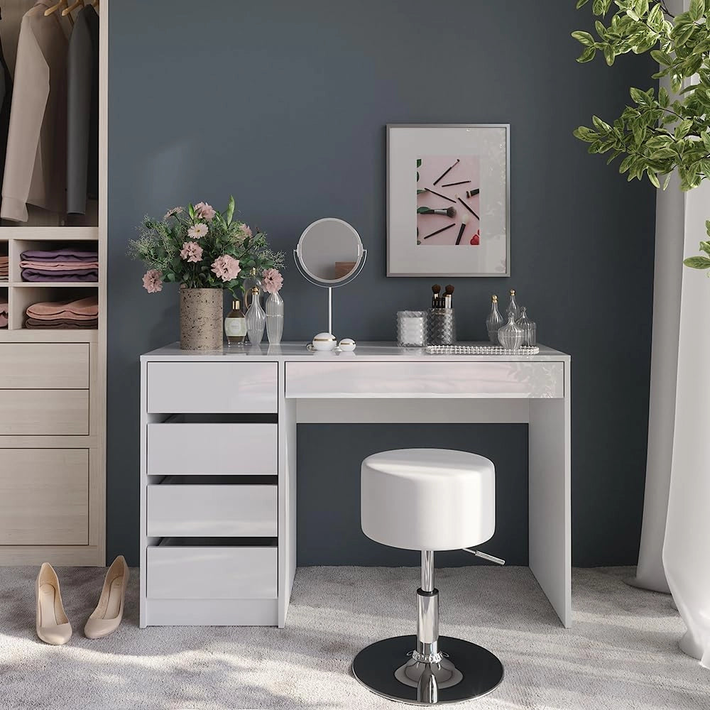 Tavolo da toeletta Sherry, Bianco/bianco lucido, 119.8 cm con sgabello