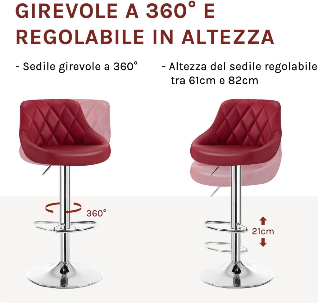 Sgabello da Bar Moderno Girevole Sedia Cucina Alta con Schienale Quadrato Poggiapiedi Senza Braccioli Altezza Regolabile in PU Bordeaux 1 Pezzo