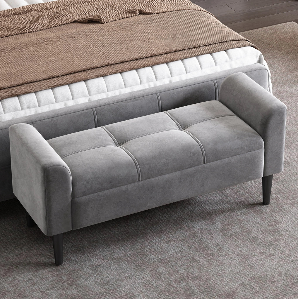 Panca imbottita 116x44x56 cm con bracciolo e motivo trapuntato in velluto e MDF grigio