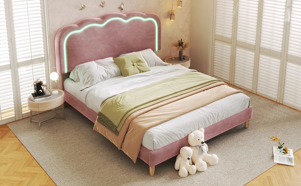 DESMIU Letto Matrimoniale Imbottito 140 × 200 cm con Testiera LED Regolabile, senza materasso, in Velluto, Rosa
