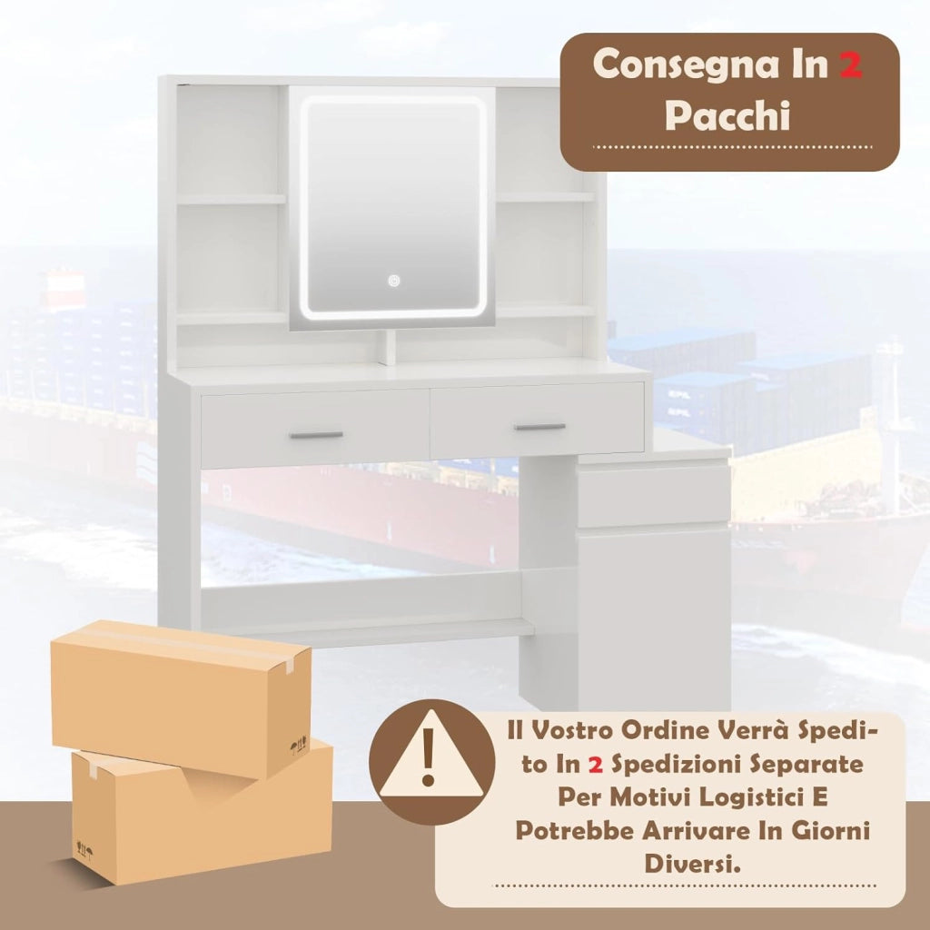 Toeletta Trucco con Luci LED,Tavolo da Trucco con Specchio,3 con Luminosità Regolabile,Postazione Trucco con Cassetti,Ripiani Aperti,Moderno, Bianco