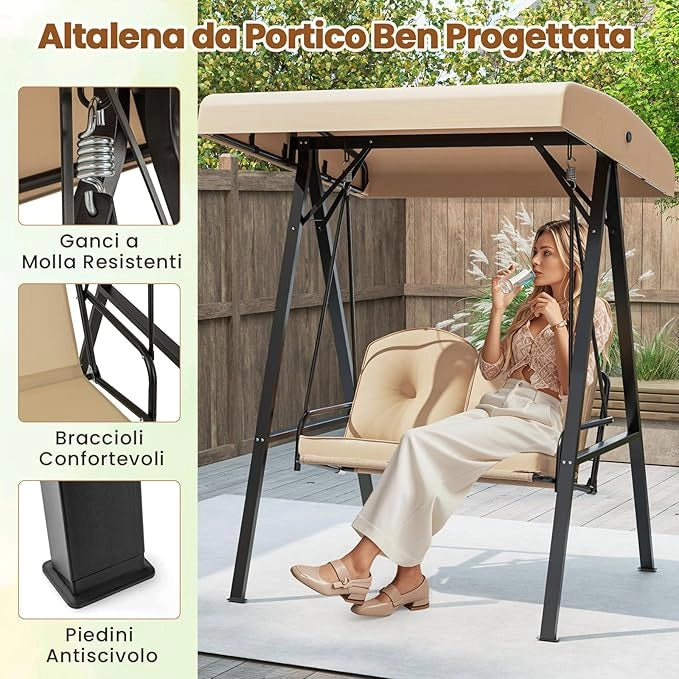 Altalena da Esterno per 2 Persone, Divano a Dondolo con Telaio in Metallo e Tettuccio Regolabile, Altalena con Cuscini per Veranda, Giardino, Cortile, Portata 300 kg