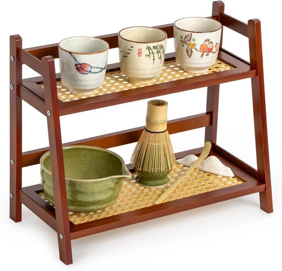 Organizzatore per Tè e Caffè in Rattan, Tavolo di Lavoro in Bamboo per Accessori da Tè e Caffè, Supporto per Display 2 Livelli in Mok, Cassetta di Rifornimento per Condimenti per la Cucina e la Casa - Moka