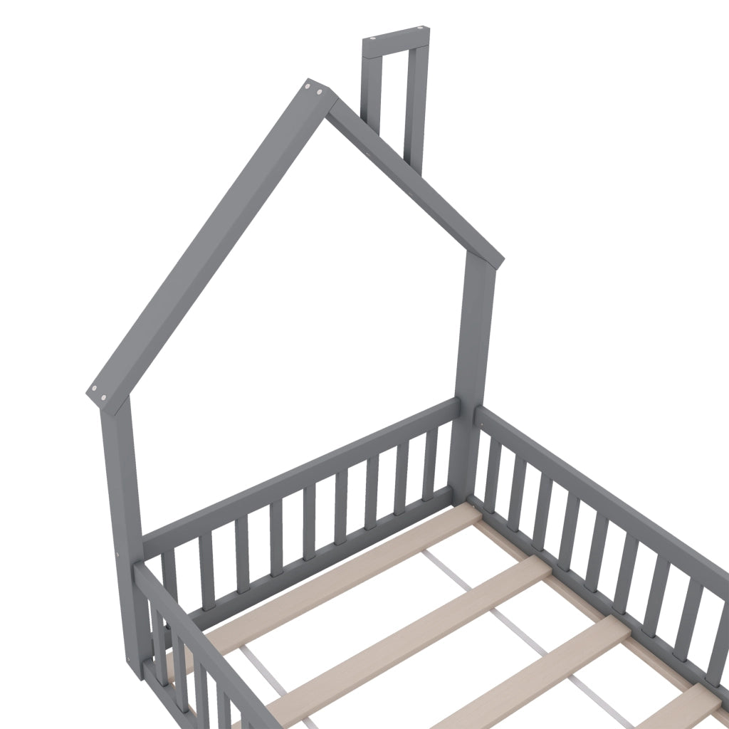 OKWISH Letto a Casetta 90×200 cm, Letto Singolo con Spondine di Sicurezza e Design a Camino, senza Materasso, in Pino e MDF, Grigio