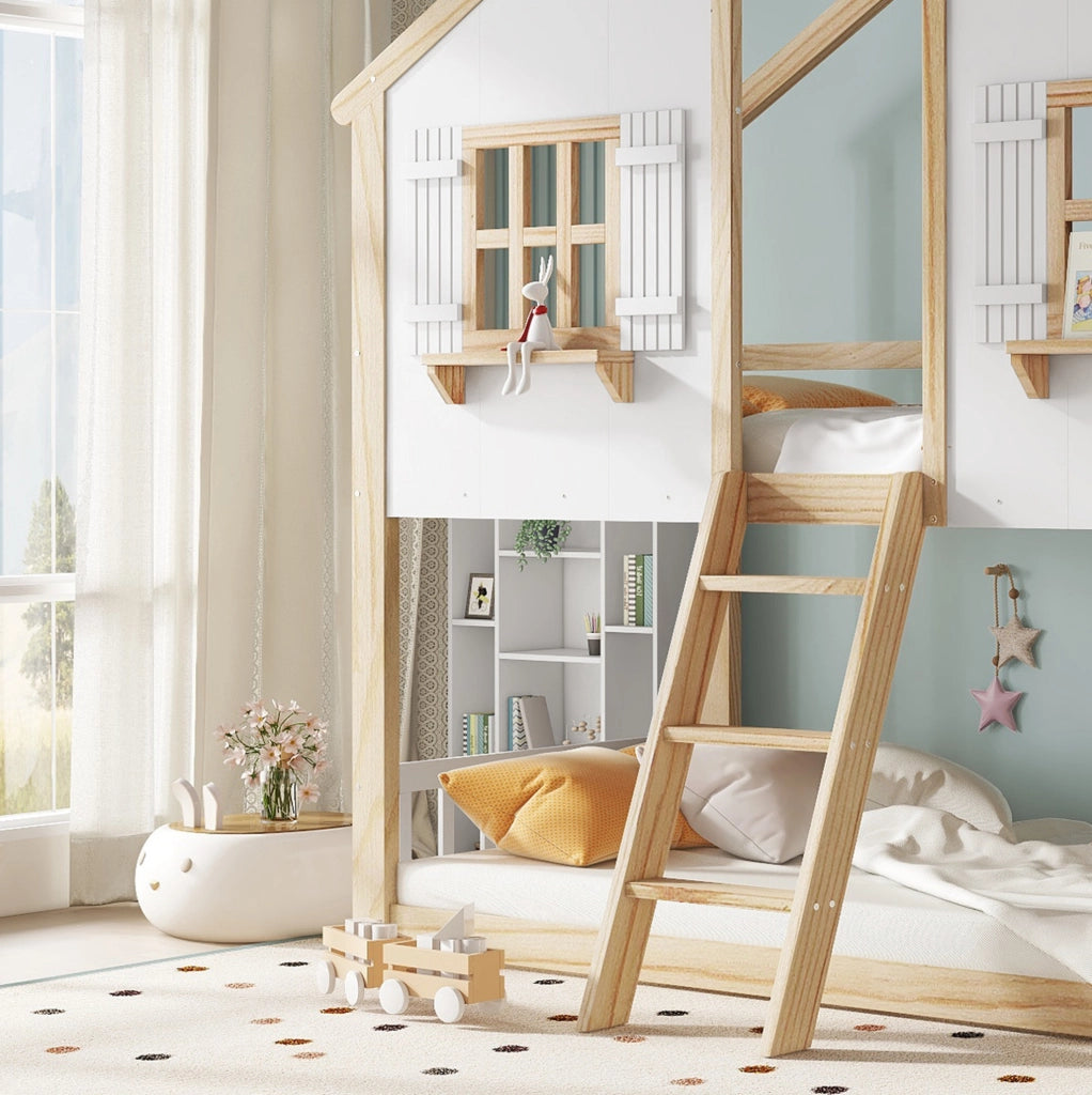 Letto a castello per bambini con tetto e finestre 90x200 cm