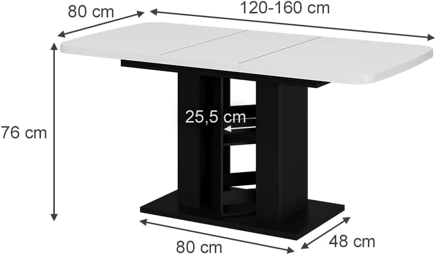 tavolo da pranzo allungabile Fenaro, Bianco/nero, 120 x 80 cm, allungabile con estrazione sincronizzata per lunghezza tavolo variabile
