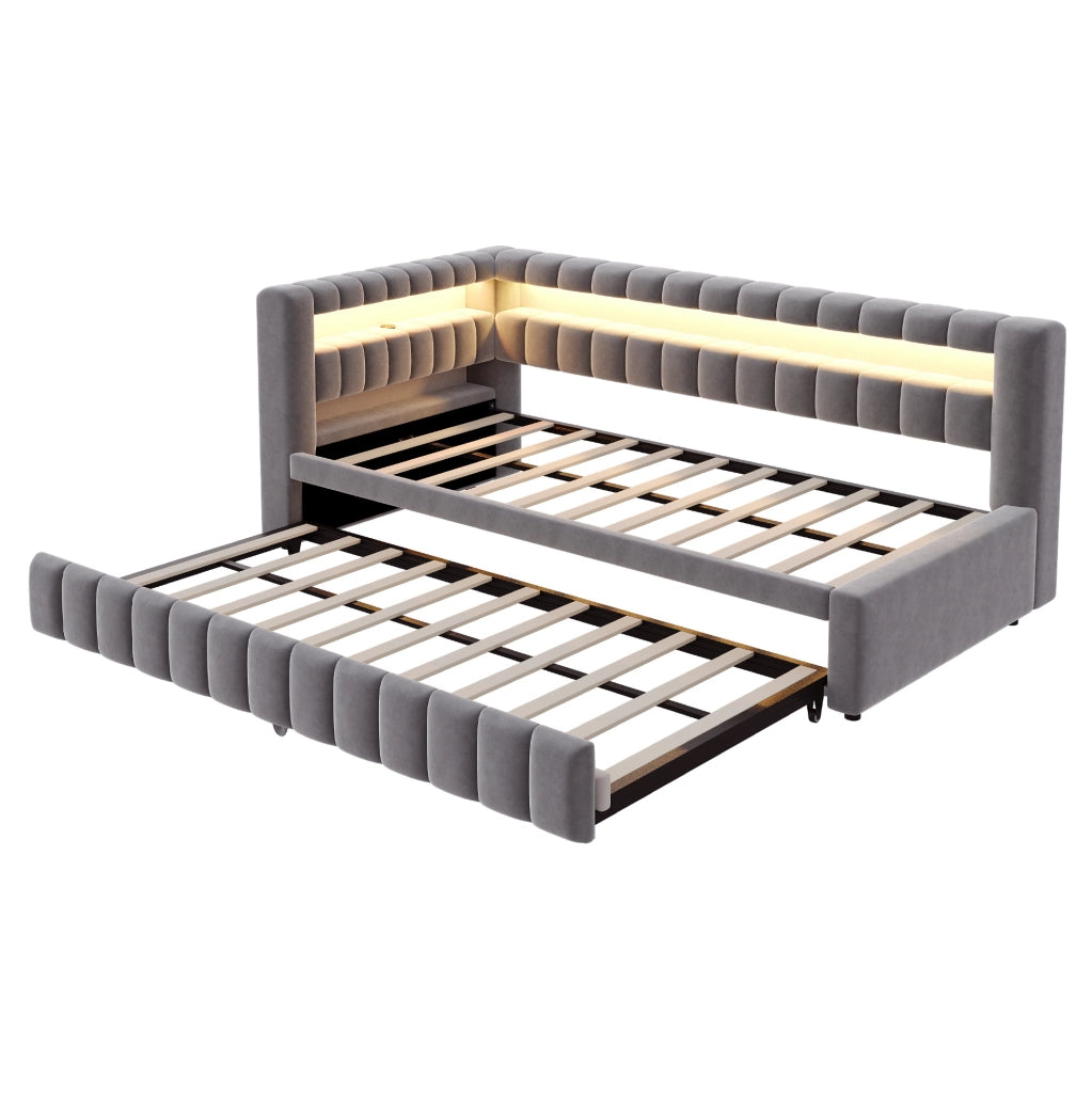 Divano letto estraibile 90x200 cm con LED, USB e vano portaoggetti