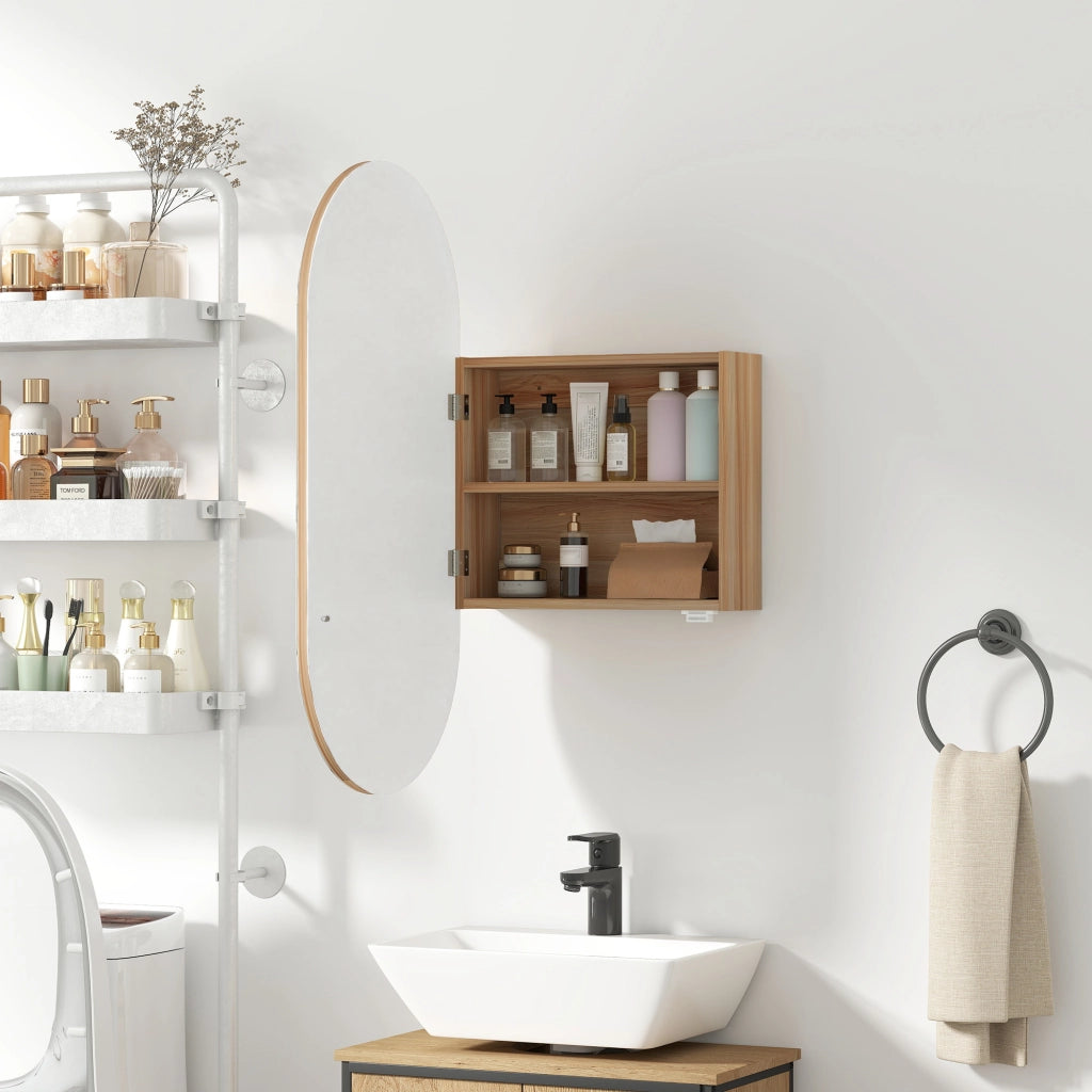 Armadietto bagno con specchio ovale 45x90 cm ¨C zephmum ¨C legno naturale