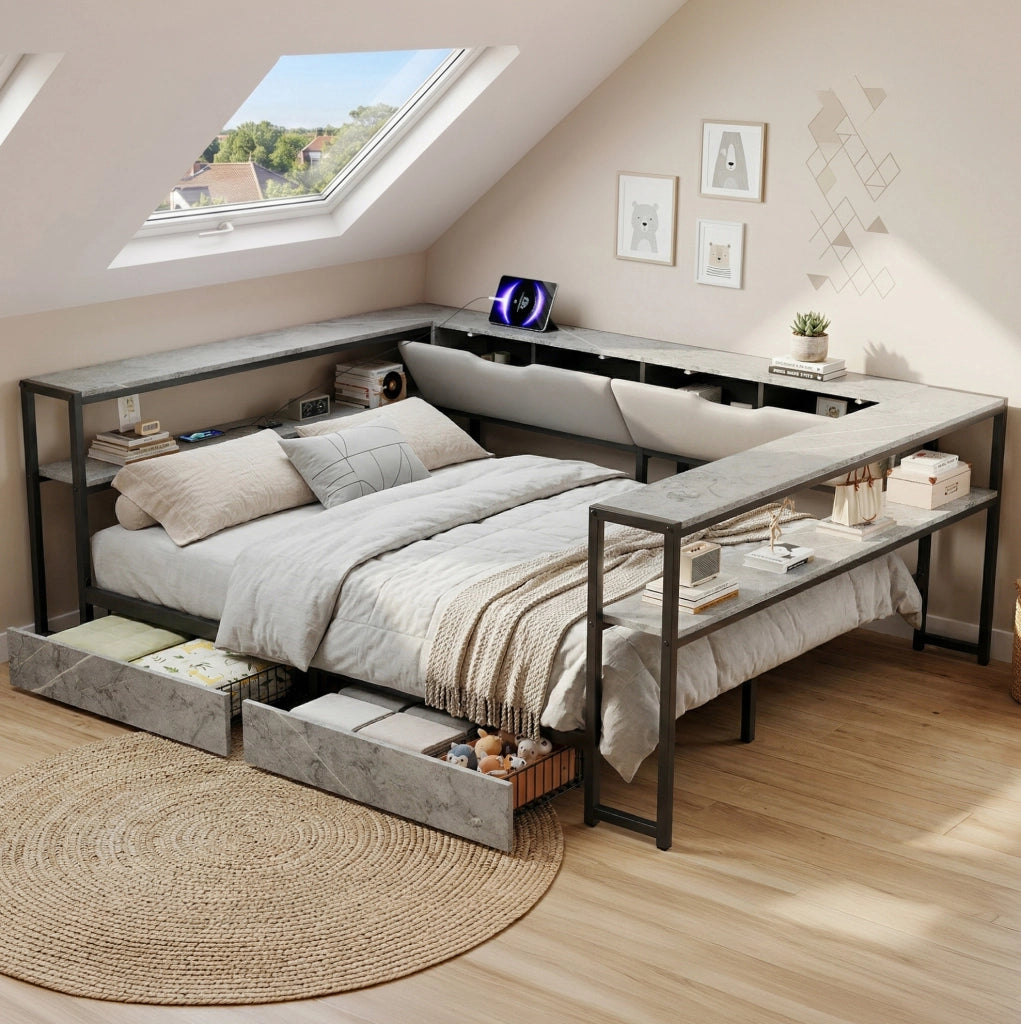 Letto singolo imbottito con contenitori; USB e Type-C; 140x200 cm; grigio in MDF e metallo