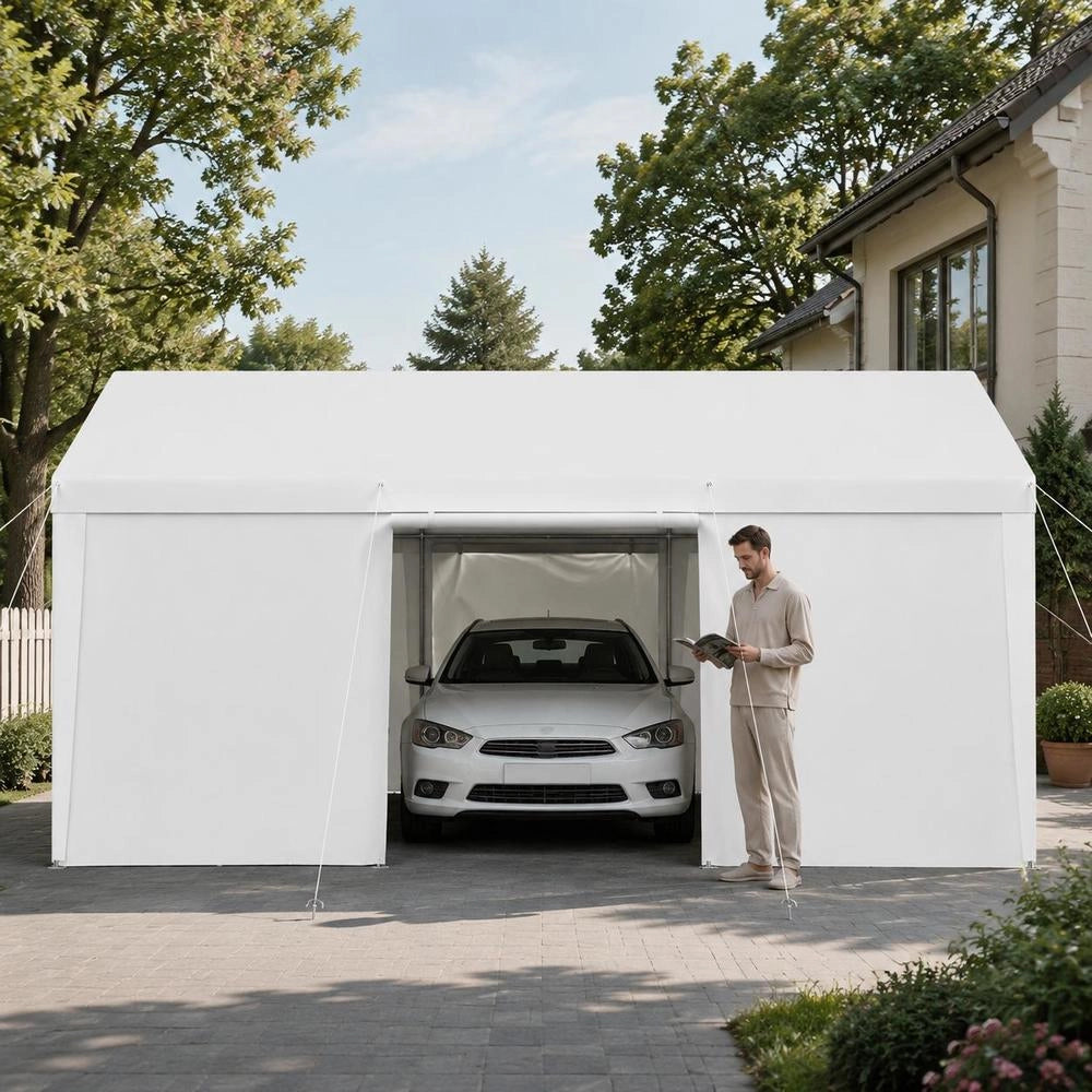 Carport, 3.65x6.09x3.02 M, Car Shelter, Tent Garage With Removable Side Walls & Door, Car Shelter, UV-resistant And Water-repellent, Year-round Protection For Car And Boat, White