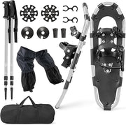 Set 4 in 1 Ciaspole da Neve 53/63/78 cm per Uomini, Donne e Ragazzi con Sistema di Fissaggio, Telaio in Alluminio, Bastoncini da Trekking, Ghette Gambe Impermeabile e Borsa