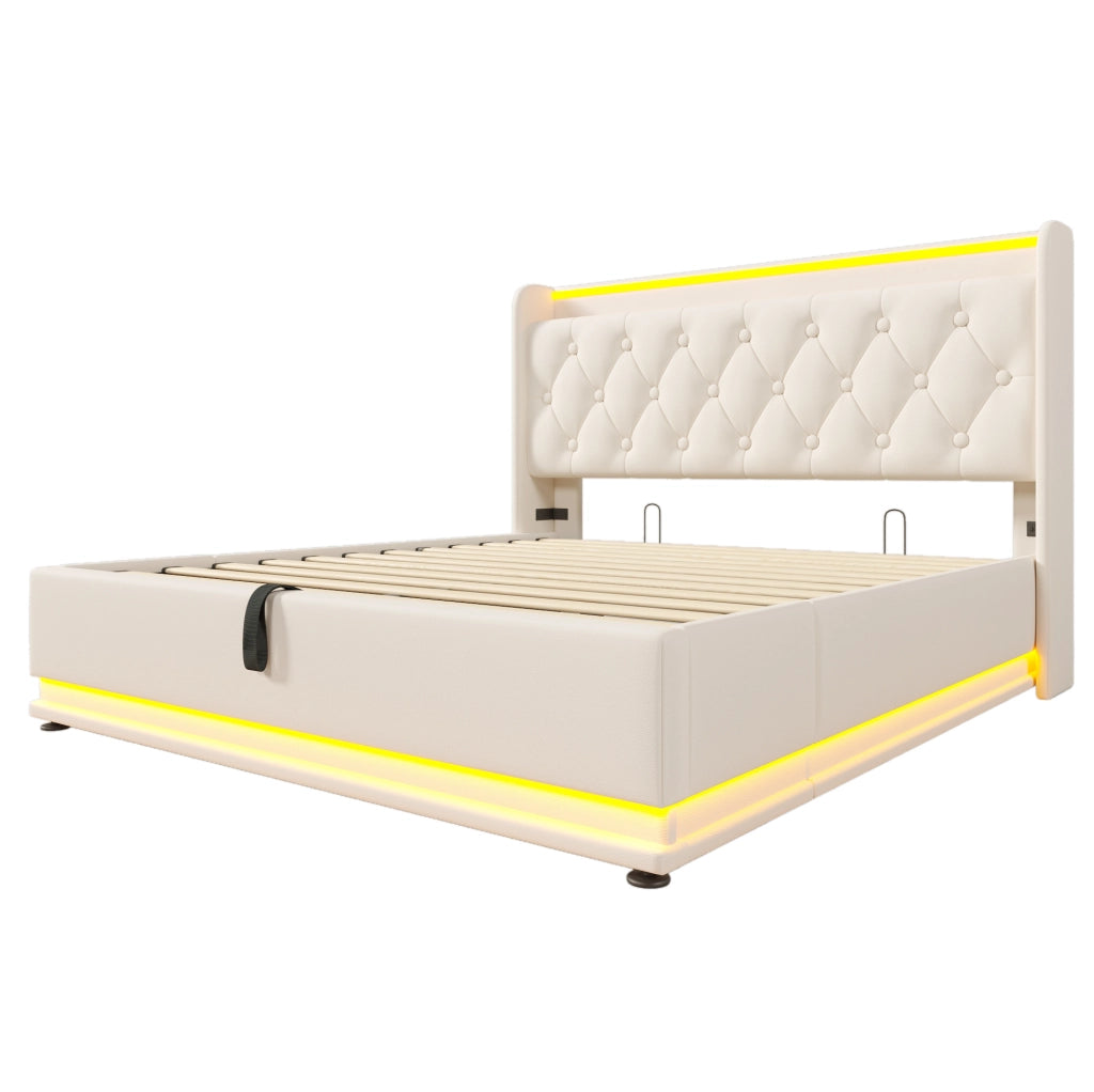 Letto matrimoniale imbottito 140x200 cm in PU bianco con LED 360掳; USB-C e contenitore idraulico