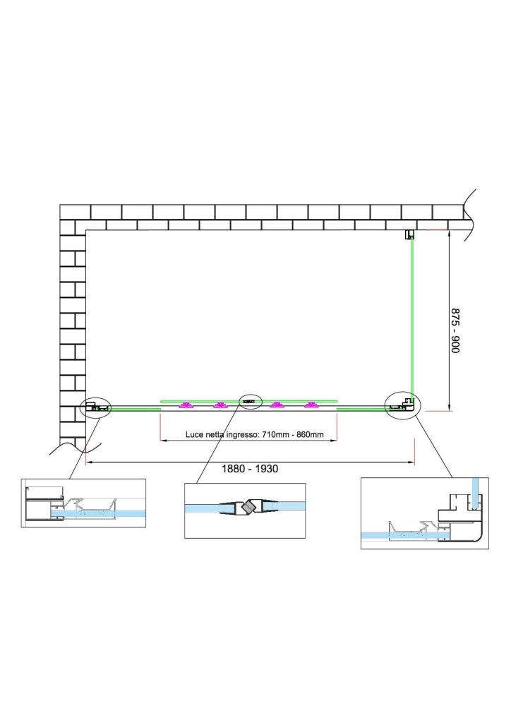 Box doccia 6 mm H 190 parete fissa e porta a 4 ante con apertura centrale MISURA 87,5-90 ANTA FISSA + PORTA 188-193
