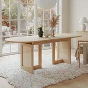 Tavolo allungabile per 6-8 persone con angoli arrotondati e dettagli effetto rattan, in MDF, rovere