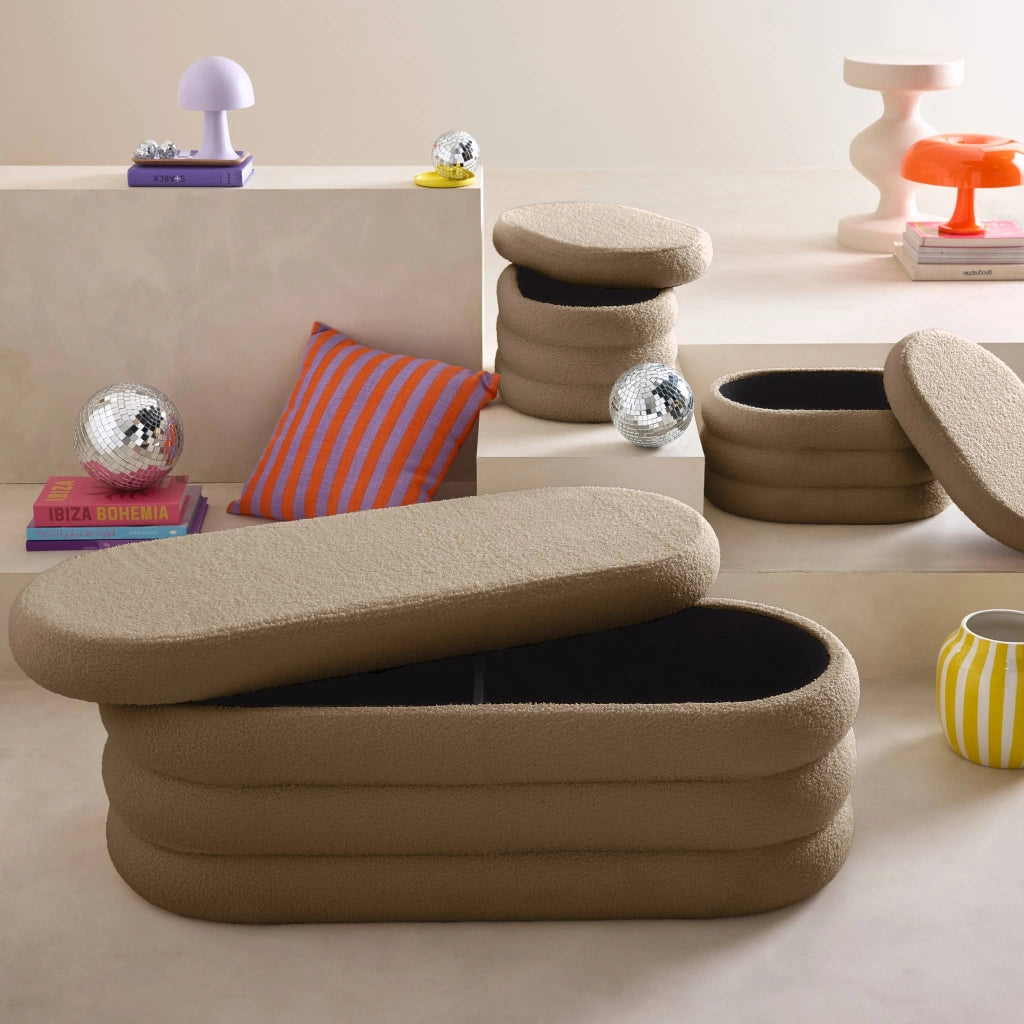 Panca contenitore con 2 pouf contenitori bouclé, talpa