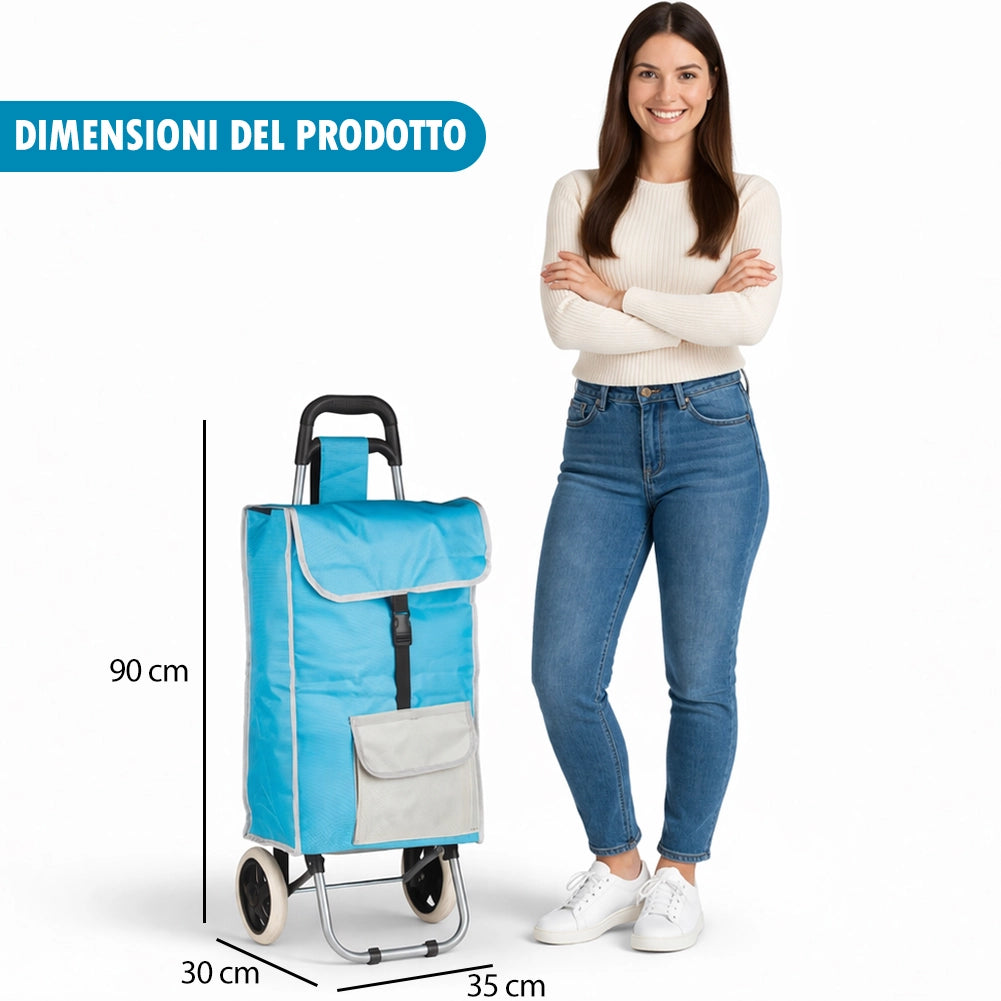 Carrello per la Spesa Zeus Trolley con Rivestimento Termico 35x30x90 cm e Ruote Azzurro