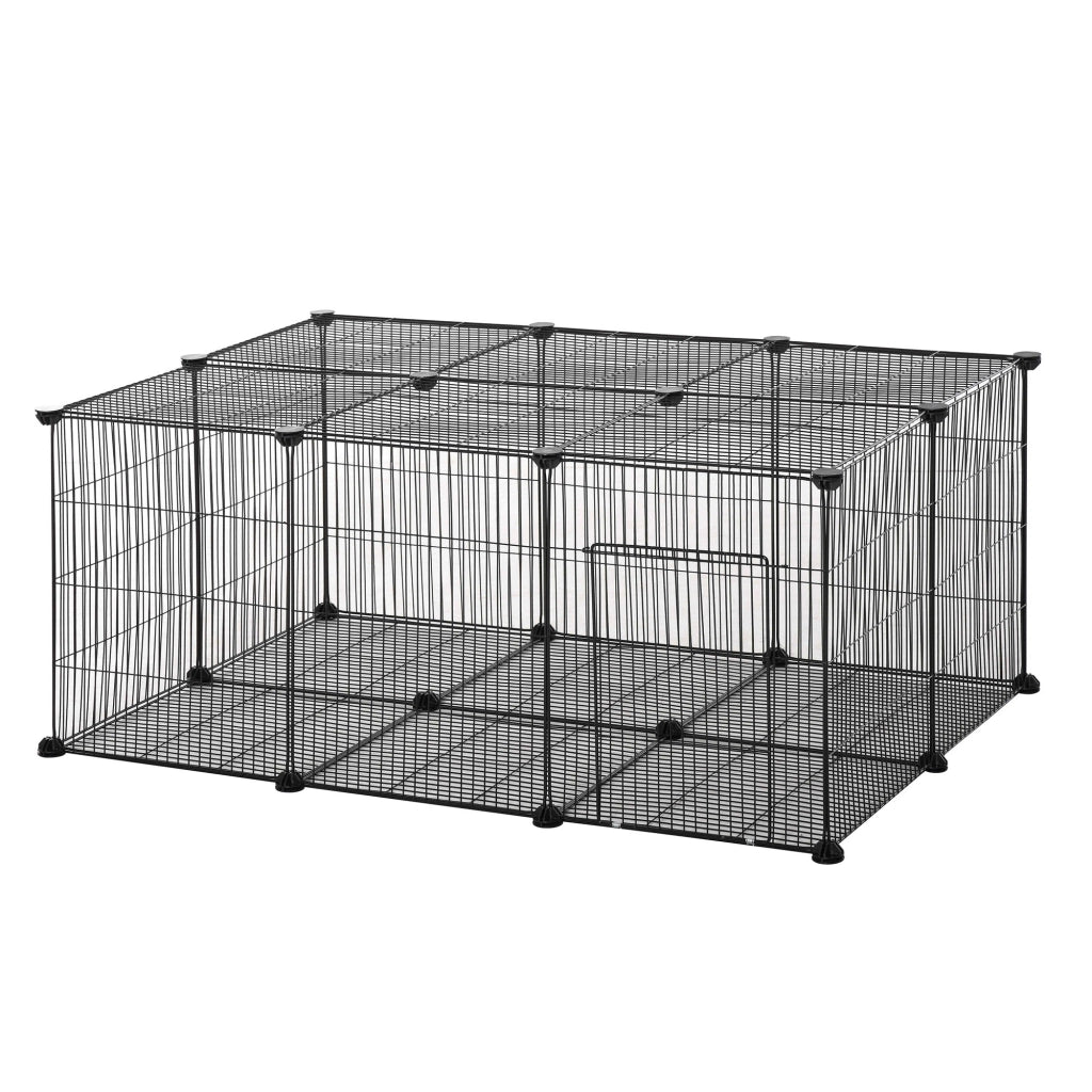 EasyComfort Gabbia per Conigli e Piccoli Animali, 22 Pannelli Modulabili in Metallo con Porta, Nero, 105 x 70 x 45cm