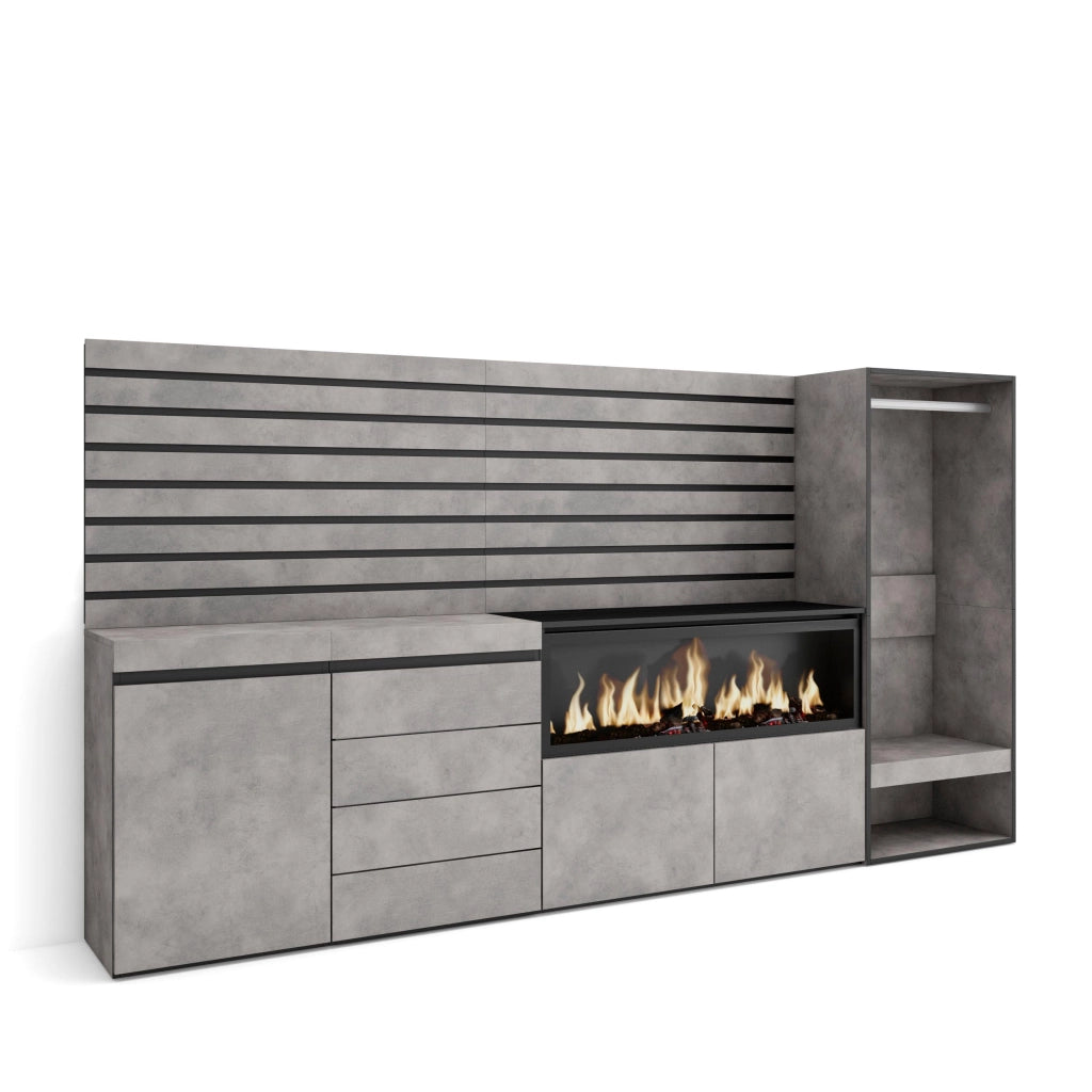 Credenza, 274x35x145cm, Camera da letto, Camino elettrico XXL, Cassettiera, Armadio Aperto, grigio cemento RF3393