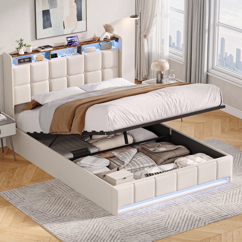 Letto una piazza e mezza 140x190 cm con contenitore LED USB testiera con mensola rete a doghe in lino - beige