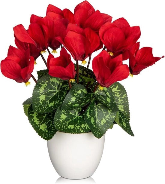 Ciclami artificiali in vaso bianco - Faux ciclami rossi per decorazione domestica, ufficio e decorazioni per piastrelle della doccia