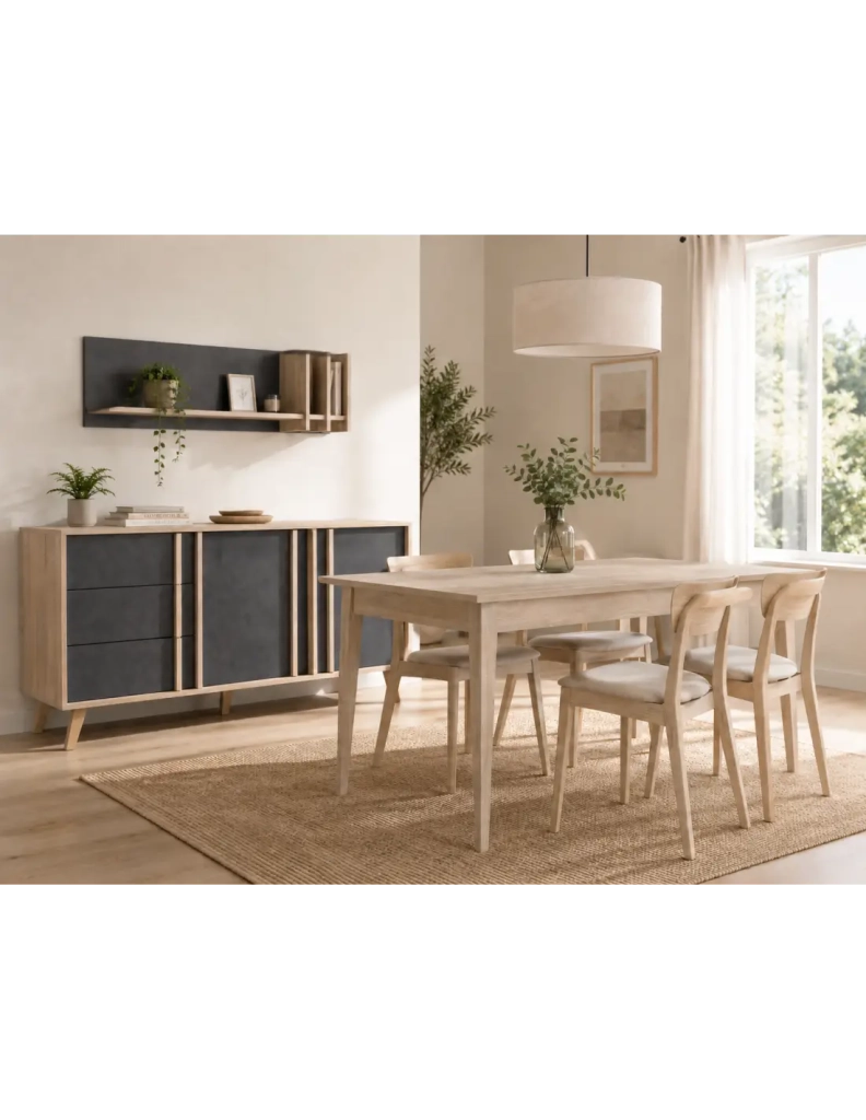 Sala da pranzo completa MALMO con tavolo 6 posti 160 cm e buffet 165 cm - Rovere chiaro e grigio