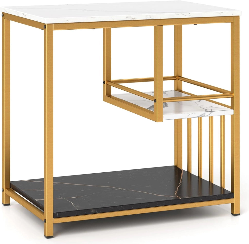 Tavolino Laterale a 3 Livelli, Tavolino da Caffè con Venature di Marmo, Struttura in Metallo Dorato e Spazio di Archiviazione, Comodino Elegante con Paraspigoli e Piedi Antiscivolo