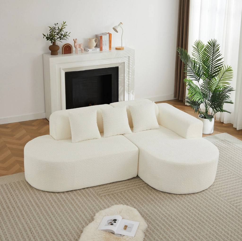 Divano angolare destro in ciniglia beige con 3 cuscini schienale HOMVRA