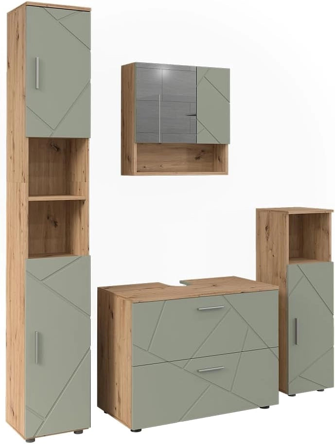 Set di mobili da bagno Irma, Verde salvia, 80 cm, composto da mobile lavabo, pensile a specchio, colonna e base media
