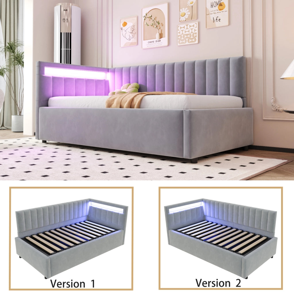 Letto imbottito con LED e contenitore idraulico 90x200 cm in velluto grigio