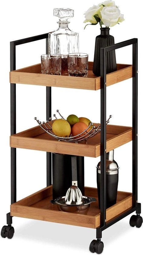 Trolley da cucina in bambù e acciaio con 3 livelli - design quadrato - 4 ruote - 69,5 x 37 x 34 cm - naturale