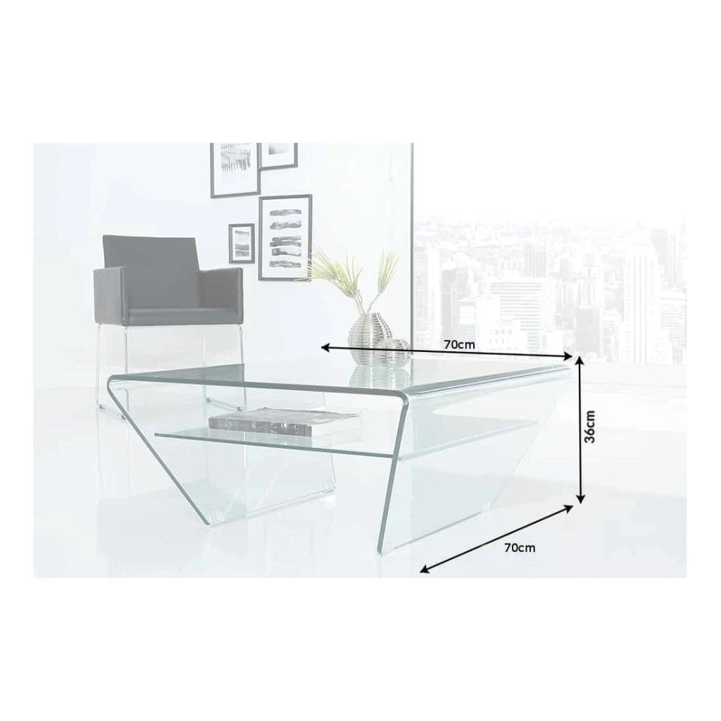 Tavolino basso HOLOW con ripiano – Tavolino basso design asimmetrico in vetro temperato