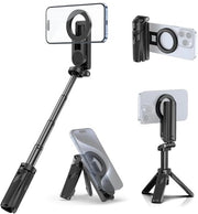 Stativo magnetico per smartphone con telecomando, manico selfiestick 3 in 1, supporto rotativo 360° e estendibile.