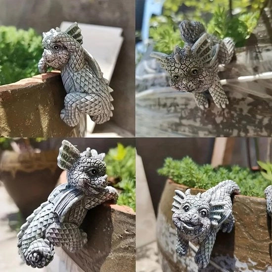 Quattro Pezzi di Figurine di Drago per il Giardino - Miniatura di un Oggetto Decorativo in Resina - Vaso Sospeso per la Decorazione del Patio per gli Amanti dei Draghi - Decorazione del Giardino