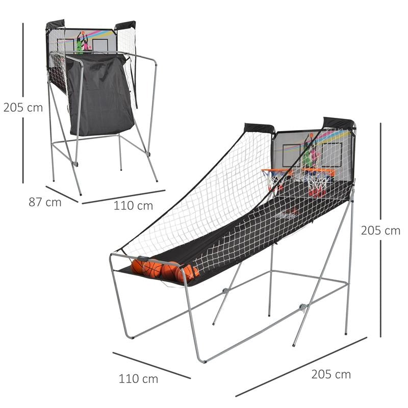 CANESTRI BASKET CON TABELLONE LED 4 PALLONI E 8 MODALITA DI GIOCO 205X110X205 CM BIANCO E NERO
