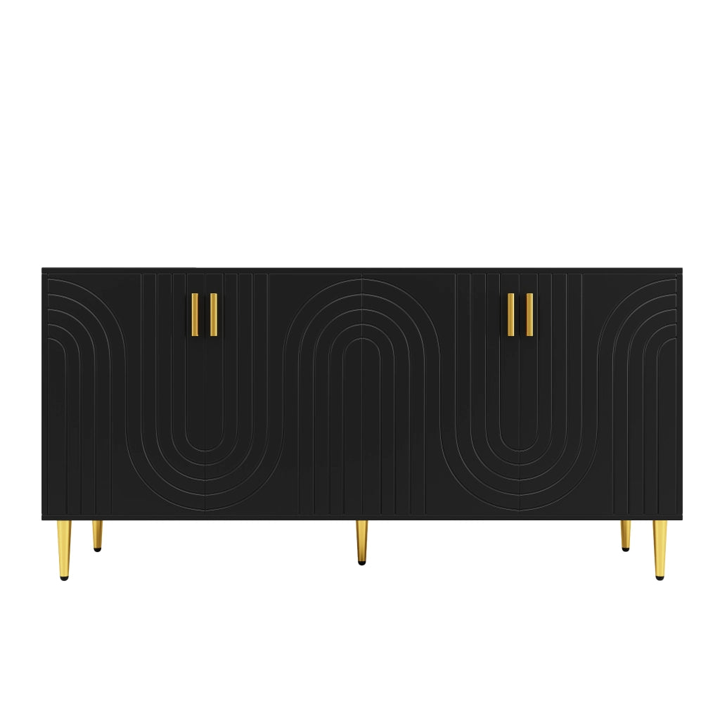 Credenza con 4 Ante e 2 Cassetti; Frontali Ondulati; Maniglie e Piedini Dorati; Moderna; in MDF; 152??40??75 cm; Nera