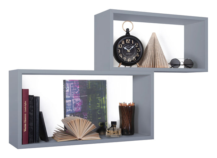 Set 2 Mensole Cubo da Parete Rettangolare in Fibra di Legno Bislungo Grigio